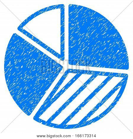 Pie Chart grainy textured icon for overlay watermark stamps. Flat symbol with dirty texture. Dotted vector blue ink rubber seal stamp with grunge design on a white background.