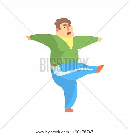 Funny Chubby Man Character Doing Gym Workout Kcking With Leg Illustration. Sport And Fat Guy Funny Simple Cartoon Drawing Isolated On White Background.