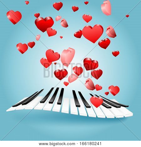 St. Valentine love card with hearts and piano keys. Music of love.