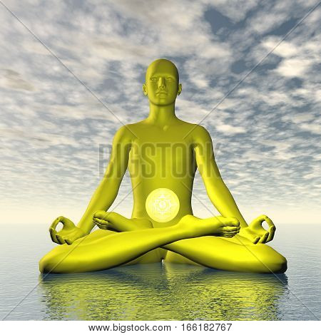 Silhouette of a man meditating with yellow manipura or solar plexus-navel chakra symbol upon ocean in cloudy background - 3D render