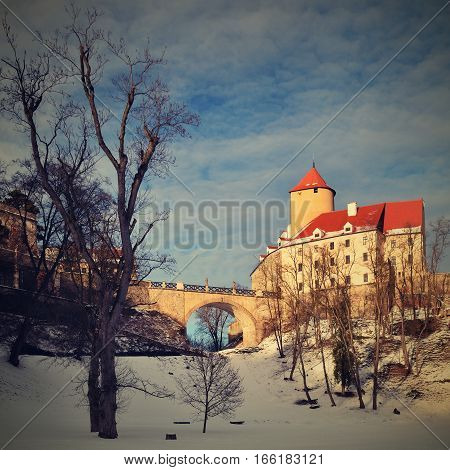 Winter landscape with a beautiful Gothic castle Veveri. Brno city - Czech Republic - Central Europe.