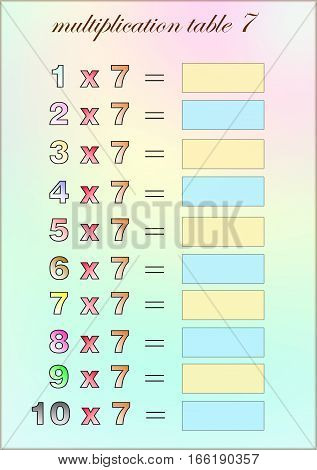 multiplication table of seven with empty space to write - school exercises for children