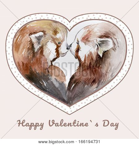 Couple of kissing red pandas in heart shaped frame with the sign 