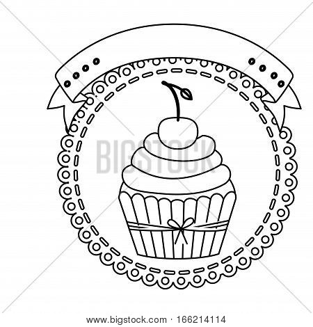 contour circular border with cupcake with cream and cherry vector illustration