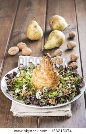 Salad Of Nut Lettuce With A Pear In Puff Pastry