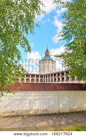 Wall of Kirillo-Belozersky monastery by day near City Kirillov Vologda region Russia.