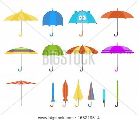 Set of vector cute multicolor umbrellas in flat design style. Closed and open fashion icons. Cover accessory. Modern style. Protection from rain and sun