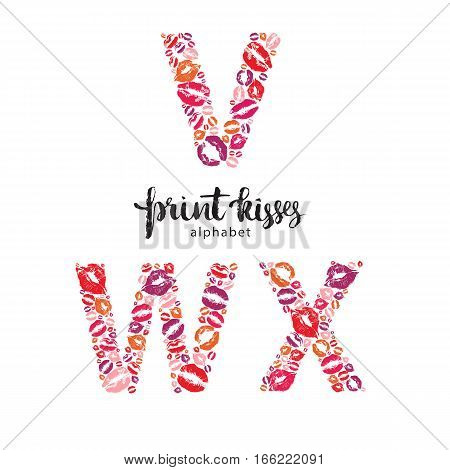 Set of letters V, W and X made from print kisses, part of a complete alphabet collection for your writing or design