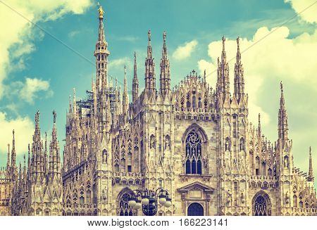 Close-up facade view of Duomo di Milano (Milan Cathedral) Milan Italy. Filtered vintage ink color style