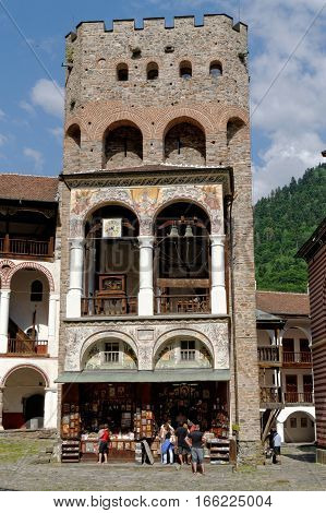 RILA MONASTERY, BULGARIA - JULY 13, 2011. Bell Tower of the church Sveta Bogorodiza in the UNESCO World Heritage site Monastery of Saint Ivan of Rila - named Rila monastery.