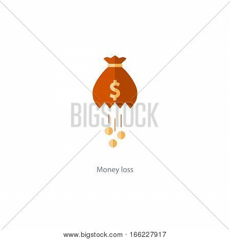 Financial loss icon, falling coins, big expenses, money deduction, maintenance cost, budget planning vector illustration