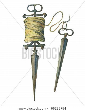Iron garden reel with twine and line winder. Hand drawn watercolor painting on white background.