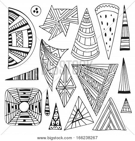 Vector hand drawn triangles for coloring book page or decorations. Geometrical line doodle set.