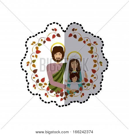 sticker arch of autumn leaves with half body picture of sacred family vector illustration