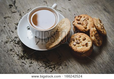 Tea cup and cookies on the desk