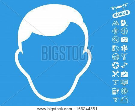 Man Face Template icon with bonus copter service pictograms. Vector illustration style is flat iconic white symbols on blue background.