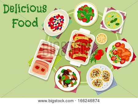 Meat, veggies dinner icon with meat pate, potato pancake with mushroom, vegetable stew, cream dessert with berry, vegetable salads with quail and strawberry, baked veggies with cheese, cucumber soup