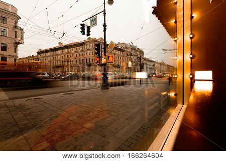 St. Petersburg, Nevsky Prospect view from the cafe window. Long exposure