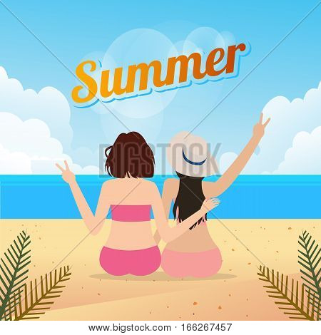 two young women sitting together on a sandy beach travel lifestyle outdoor summer vector