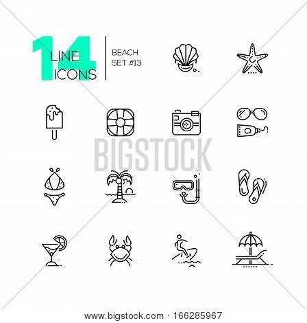 At the Beach - modern vector line design icons set. Seashell, sea star, ice cream, life ring, camera, sun glasses, sunscreen, swimwear, palm tree, snorkel, sandshoes, cocktail crab surfing lounge chair