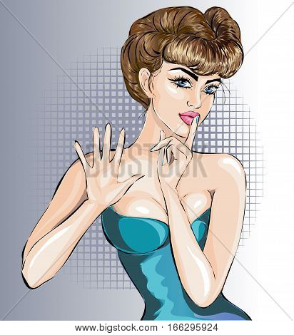 Pin Up Sexy Woman Portrait With Stop Hand Signal And Silence Sign By Finger, Vector Illustration