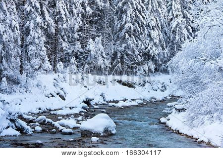 Snowy winter landscape with river in Julian Alps