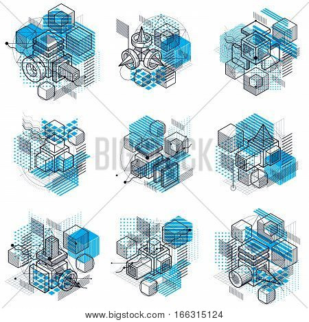 Vector Backgrounds With Abstract Isometric Lines And Figures. Templates Made With Cubes, Hexagons, S