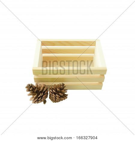 Empty wood box and pine cones isolated on white background with clipping path