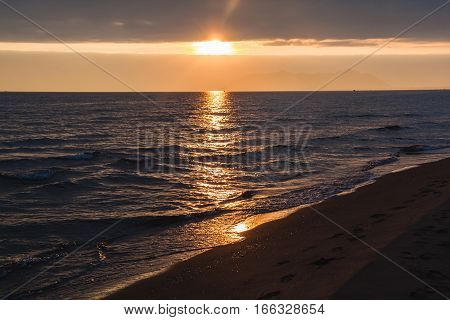 Sunset On Tyrrhenian Sea In Terracina. Italy