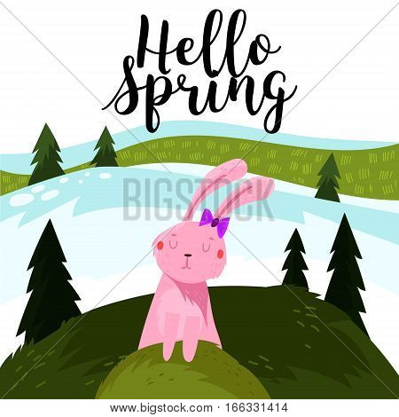 Hello Spring Greeting Card. Hand Drawn Illustration With Cartoon Rabbit.bright Easter Concept Card W