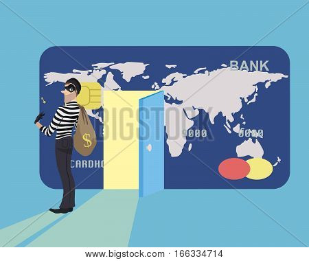 Burglar money from credit card and run away. A thief stole a key from a credit card.