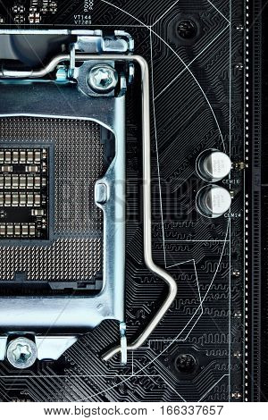 Empty cpu processor socket on a computer motherboard with pins visible. Concept computer harware