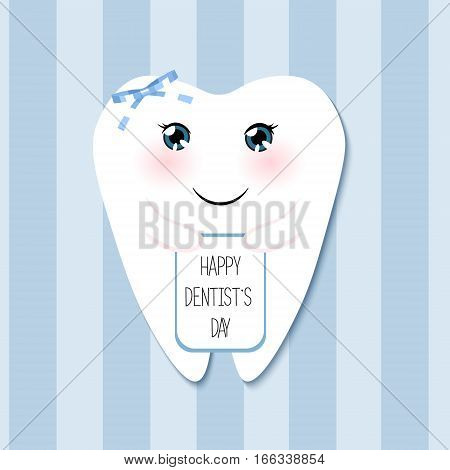 Cute greeting card Happy Dentist Day as funny smiling cartoon character of tooth with bow. bluebackground