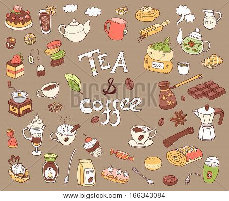 Big vector collection of doodle tea and coffee. Equipment and dessert, spoon, sweets, cake, cup, teapot, bakery and cookery. Color.