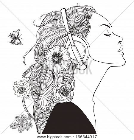 beautiful girl with headphones and long hairs. vector illustration