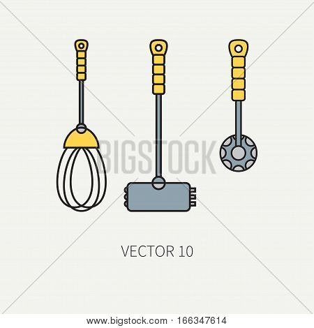Line color vector kitchenware icons - hammer, corolla, mixer. Cutlery tools. Cartoon style. Illustration, element for your design. Equipment for food preparation. Kitchen. Household. Cooking. Cook.