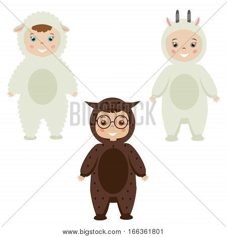Kids party outfit. Cute smiling happy children in animal carnival costumes vector illustration. Isolated children in sheep owl goat clothes