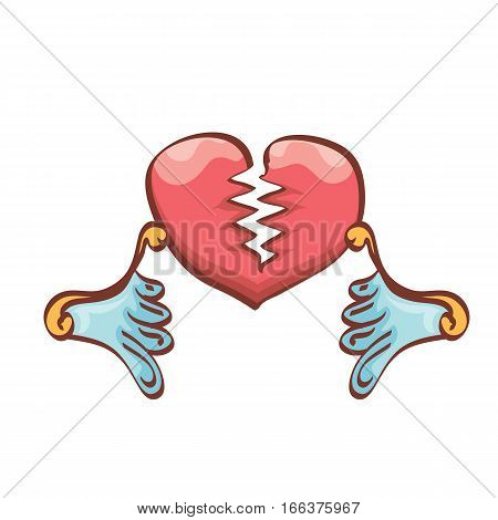 vector cartoon style red broken heart isolated on white background. vector concept icon of divorce, depression, bad mood, heart disease or unrecognized teen love.