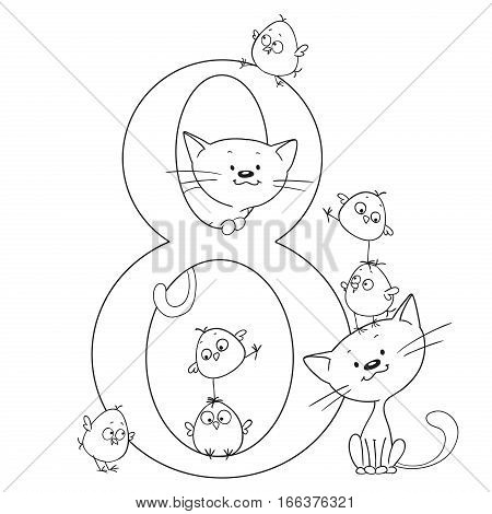 Number eight. Cute cartoon animals. Numbers and animals. Chicken and kitten. Funny figurines to paint. Vector doodle