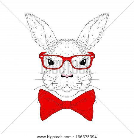 Vector cute bunny portrait. Hand drawn rabbit head with red bow tie, hipster glasses. Animal illustration for fashion t-shirt print, kids greeting card, invitation for party, Happy Easter symbol.