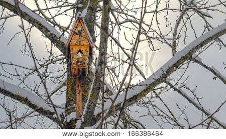 Modern Birdhouse on snowy park tree. Caring for wildlife concept