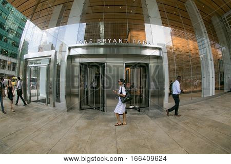 New York, August 12, 2016: Main entrance to the Bank of America tower at One Bryant Park.