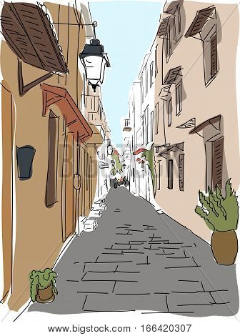 traveling European Greece street sketch and watercolor vector