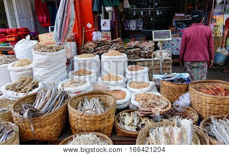 Traditional Asian Fish Market Stall Full Of Dried Seafood