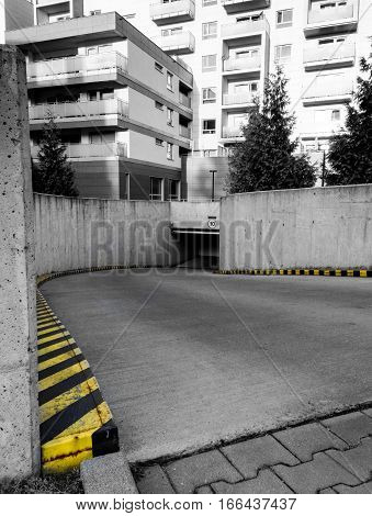Entrance to parking garage in basement underground interior