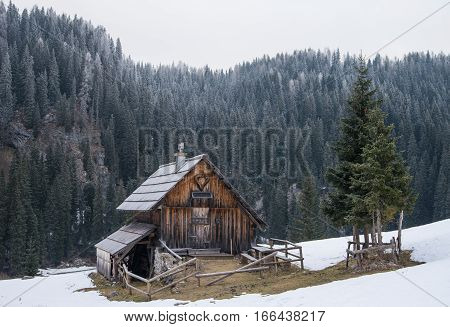 Idyllic wooden traditional herdsmen cottage on alpine meadow