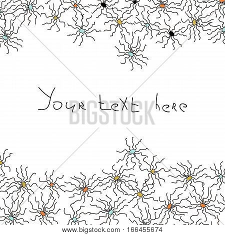Frame with small spiders in funny cartoon style. Stock vector illustration for greeting card template halloween decoration child birthday invitation.
