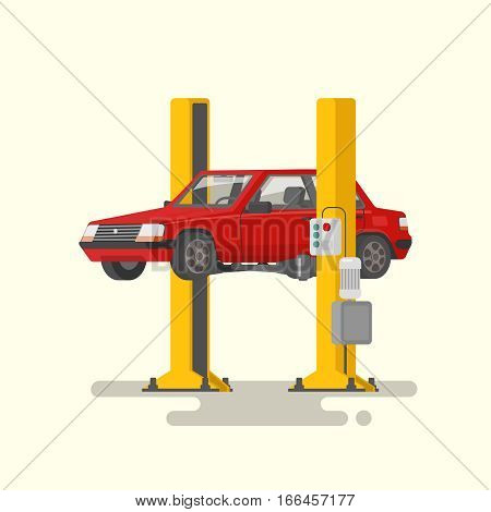 Car repair. Car lifted on autolifts. Vector illustration of a flat design