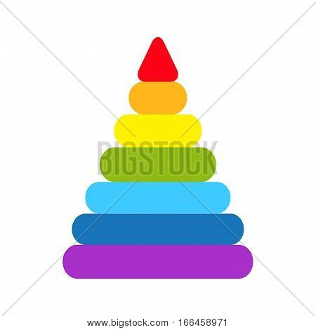 Pyramid icon. Childrens colorful plastic toy. Rainbow color stacking ring set. Triangle shape. Education card for kids. Isolated. White background. Flat design. Vector illustration