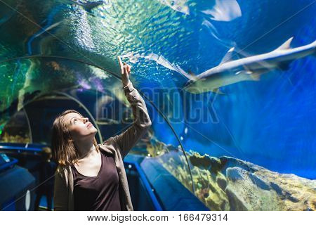 Young girl in aquarium tunnel with sharks